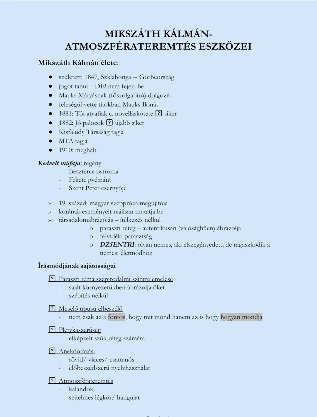 ## MIKSZÁTH KÁLMÁN-
## ATMOSZFÉRATEREMTÉS ESZKÖZEI
Mikszáth Kálmán élete:
* született: 1847, Szklabonya = Görbeország
* jogot tanul - DE!