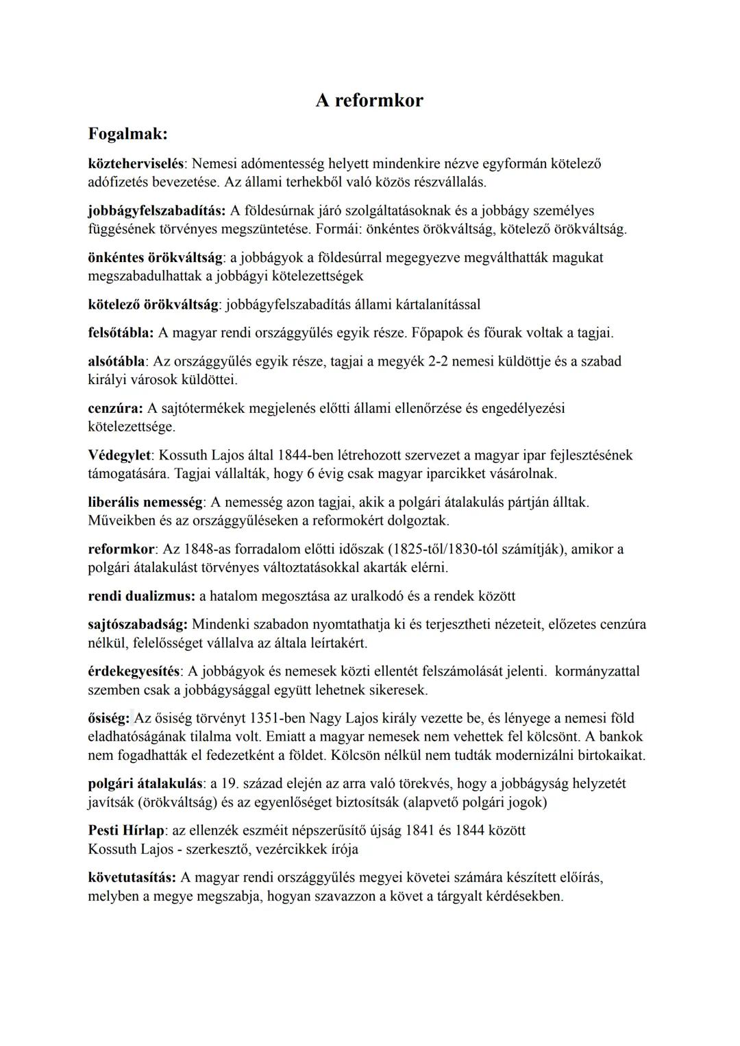 A reformkor fontos fogalmai, dátumai és személyei