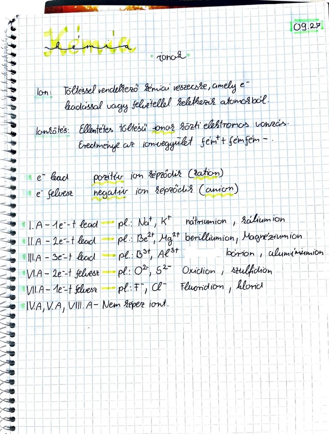 # Kémia
*ionok*
Ion: Tökéletesen védtelen kémiai részecske, amely e- leadással vagy felvétellel relatív atomból.
Ionsókés: Ellentétes töl