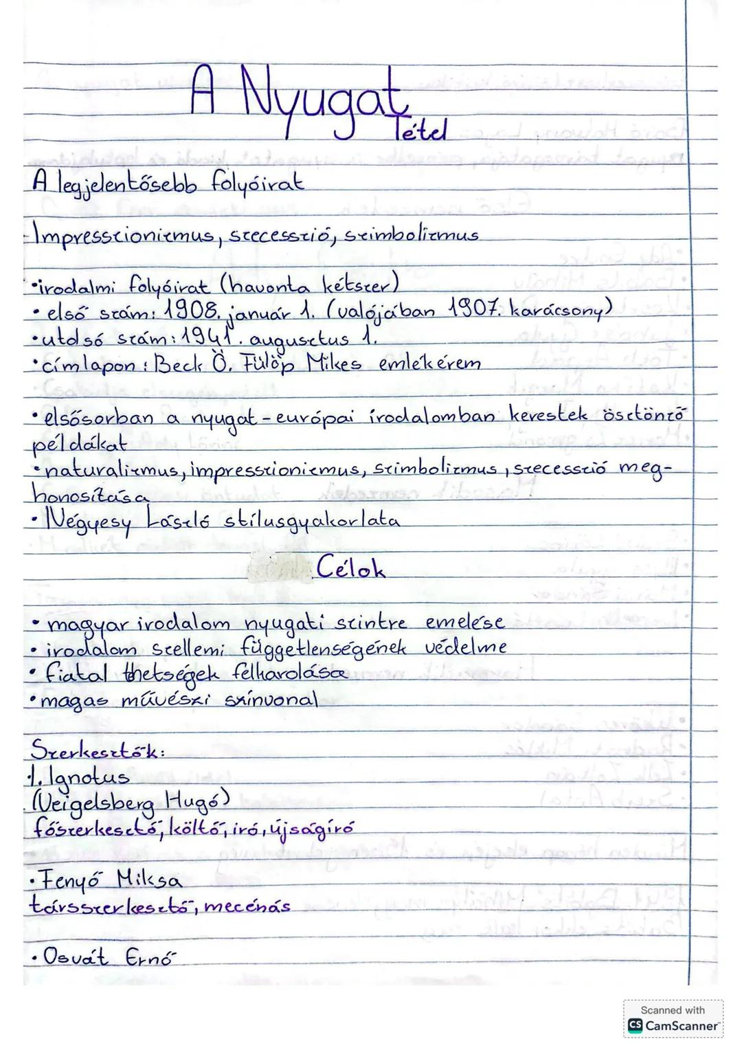 A Nyugat
Tétel
A legjelentősebb folyóirat
-Impresszionizmus, szecesszió, szimbolizmus
-irodalmi folyóirat (havonta kétszer)
• első szám: 190