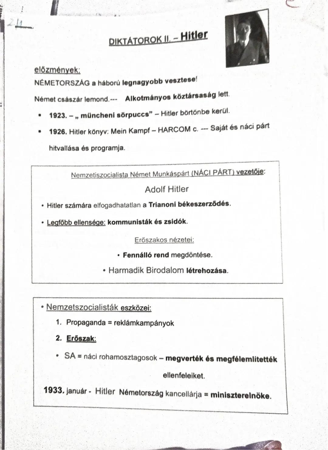 DIKTÁTOROK II. - Hitler
előzmények:
NÉMETORSZÁG a háború legnagyobb vesztese!
Német császár lemond.--- Alkotmányos köztársaság lett.
- 1923.
