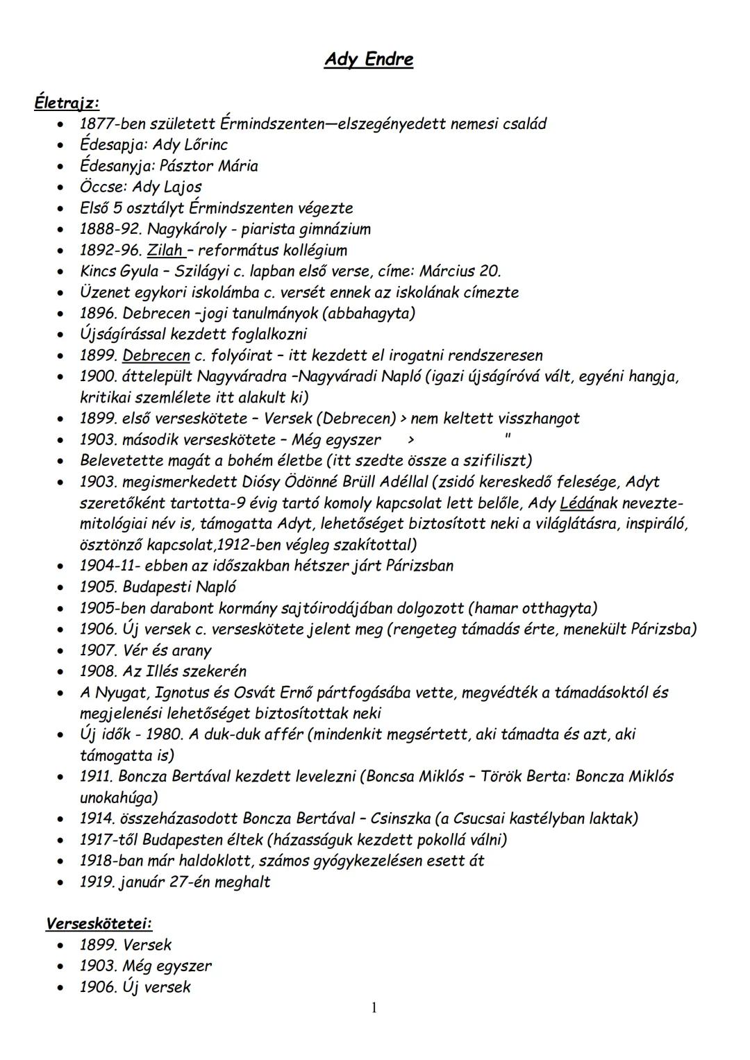 # Ady Endre
## Életrajz:
* 1877-ben született Érmindszenten-elszegényedett nemesi család
* Édesapja: Ady Lőrinc
* Édesanyja: Pásztor Mária