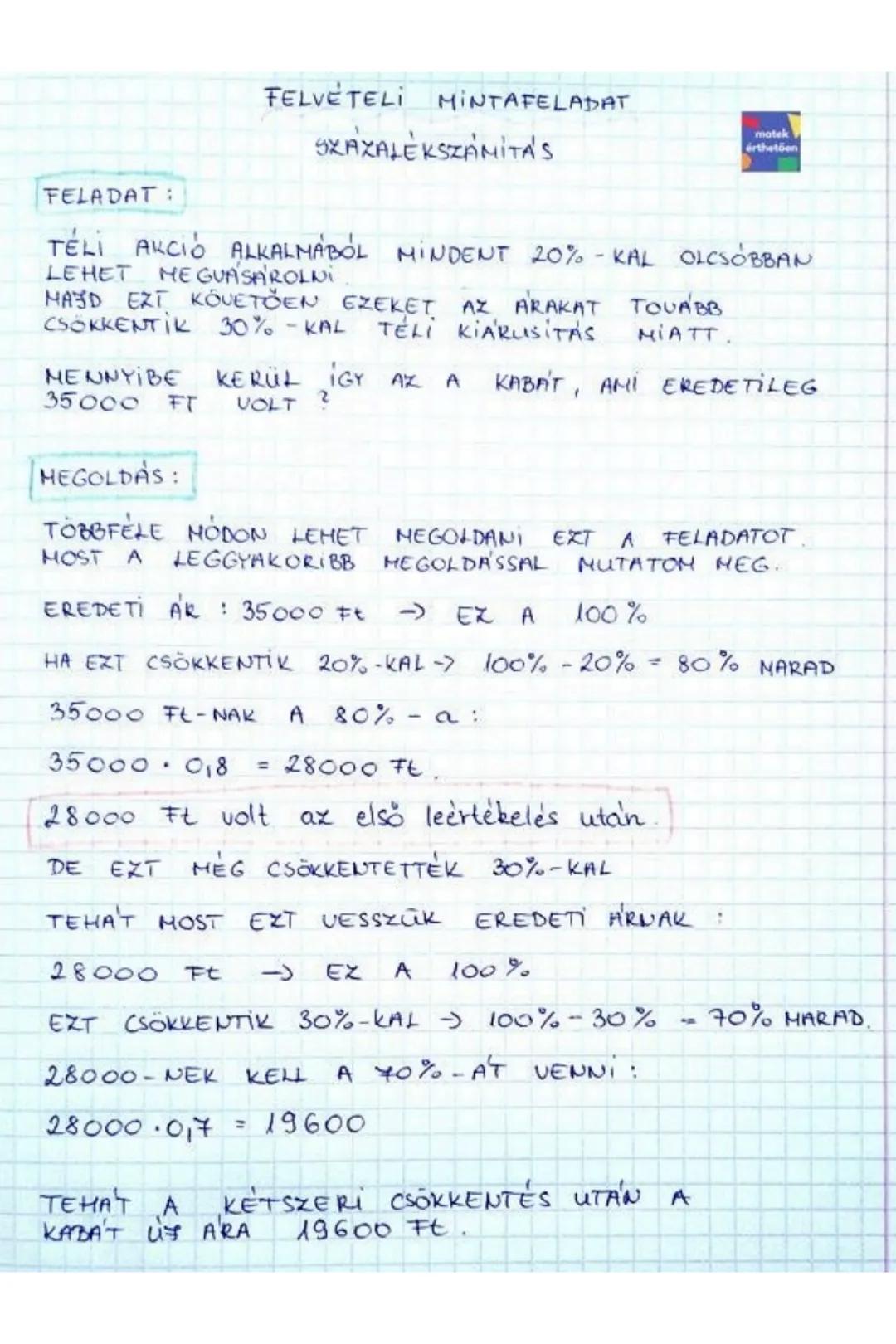 FELADAT:
FELVÉTELI MINTAFELADAT
SZÁZALÉKSZÁMÍTÁS
matek
érthetően
TELI AKCIÓ ALKALMÁBÓL MINDENT 20%-KAL OLCSÓBBAN
LEHET MEGVENNI.
MAJD EZT KÖ