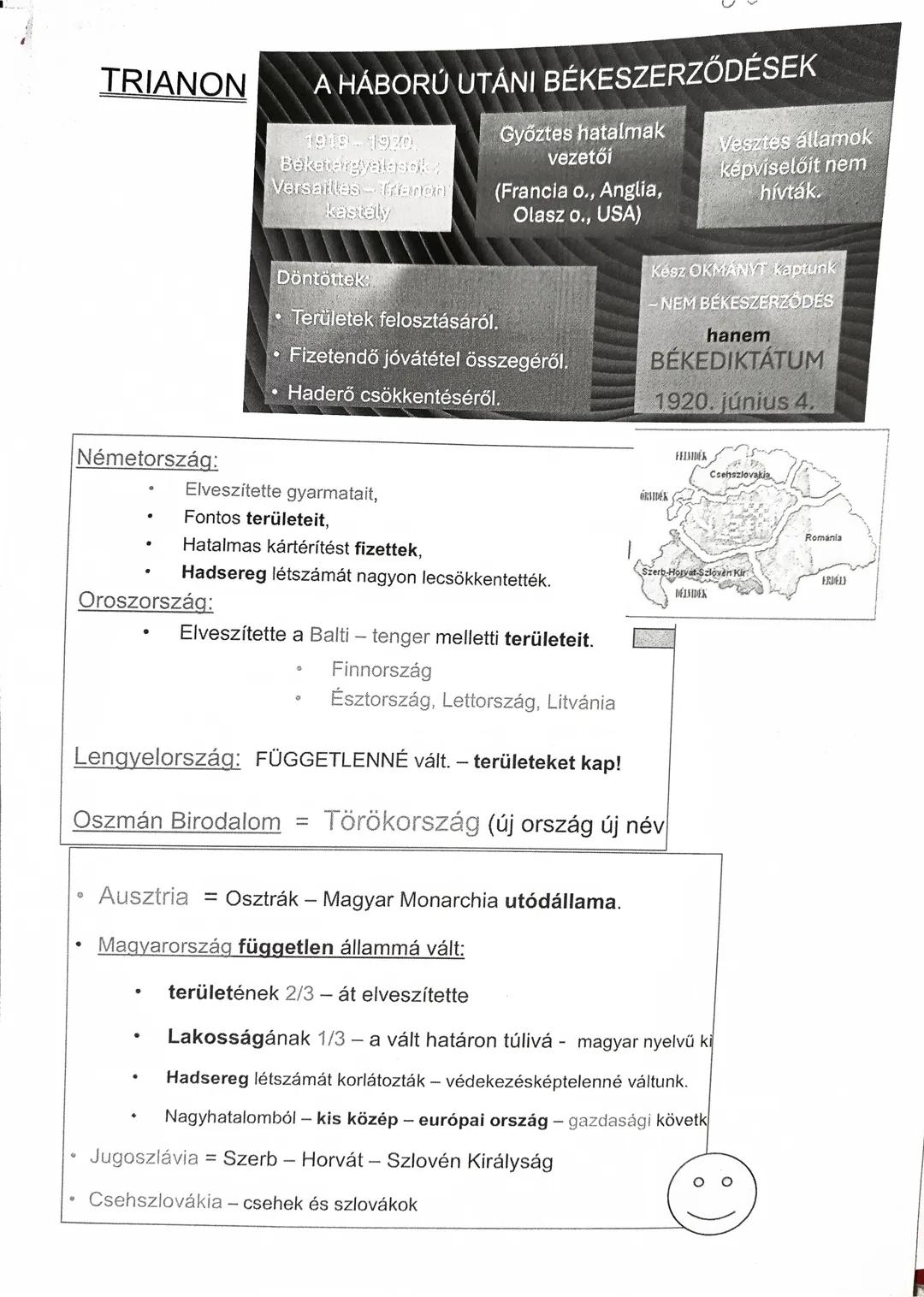 TRIANON
A HÁBORÚ UTÁNI BÉKESZERZŐDÉSEK
1918-1920
Békatárgyalások
Versailles-Trienon
kastély
Döntöttek:
• Területek felosztásáról.
• Fizetend