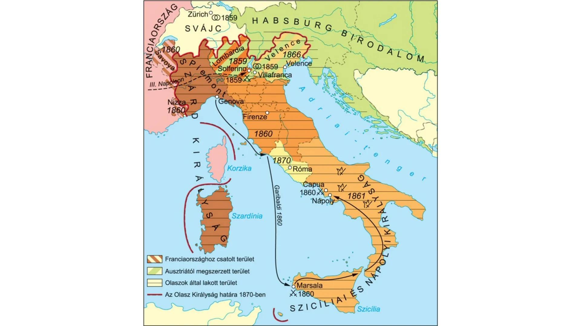 Az olasz és a német
egység ## AZ OLASZ EGYSÉG LÉTREJÖTTE FRANCIAORSZÁG
1860
Savoya
Zürich 1859
SVÁJC
Lombardia
1859
HABSBURG BIRODALOM
Velen