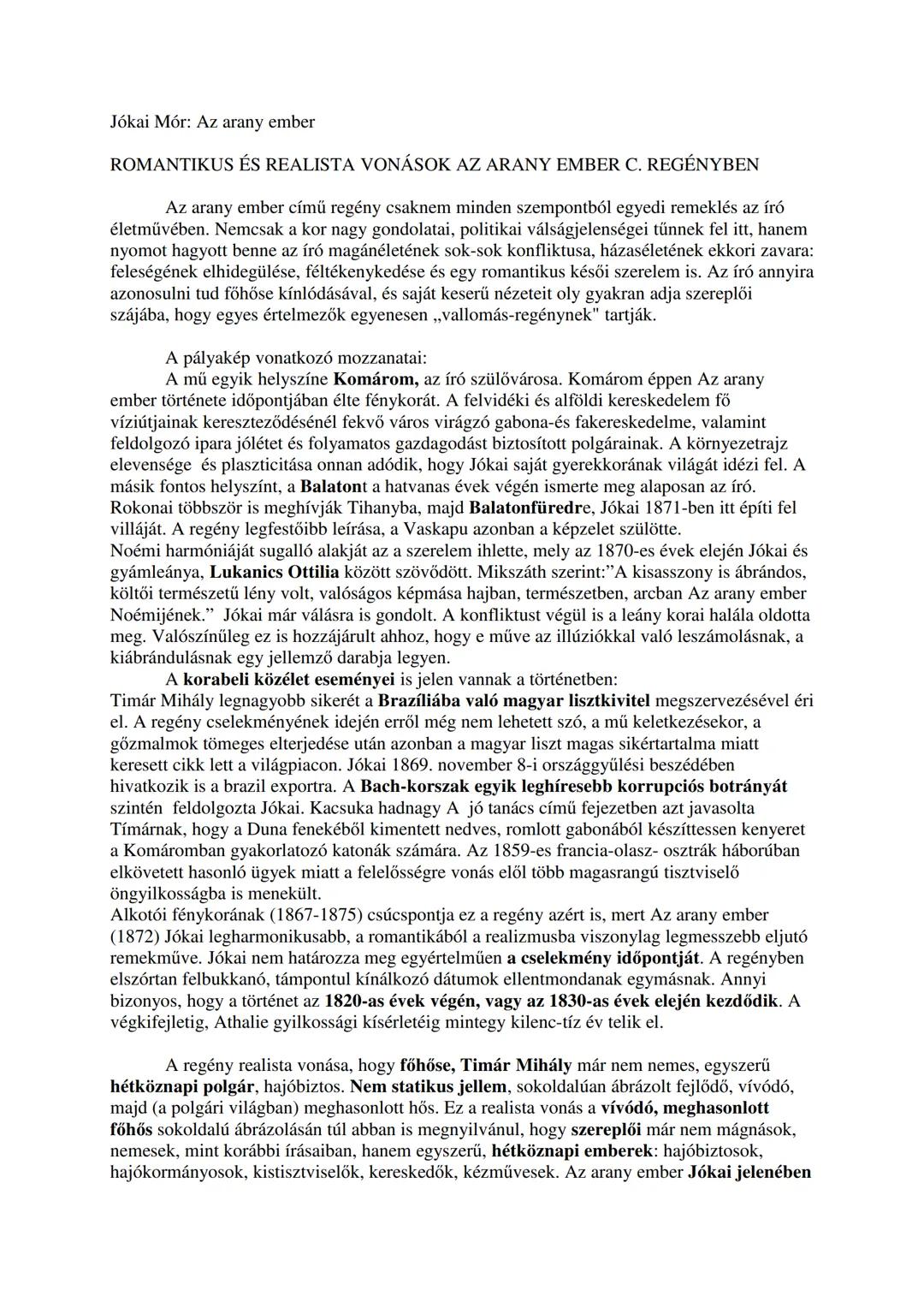 Jókai Mór: Az arany ember
ROMANTIKUS ÉS REALISTA VONÁSOK AZ ARANY EMBER C. REGÉNYBEN
Az arany ember című regény csaknem minden szempontból