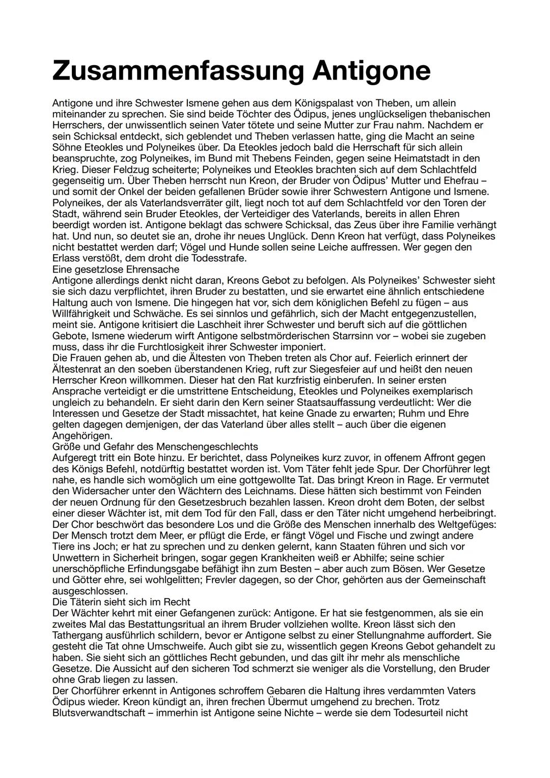 # Zusammenfassung Antigone
Antigone und ihre Schwester Ismene gehen aus dem Königspalast von Theben, um allein
miteinander zu sprechen. Sie