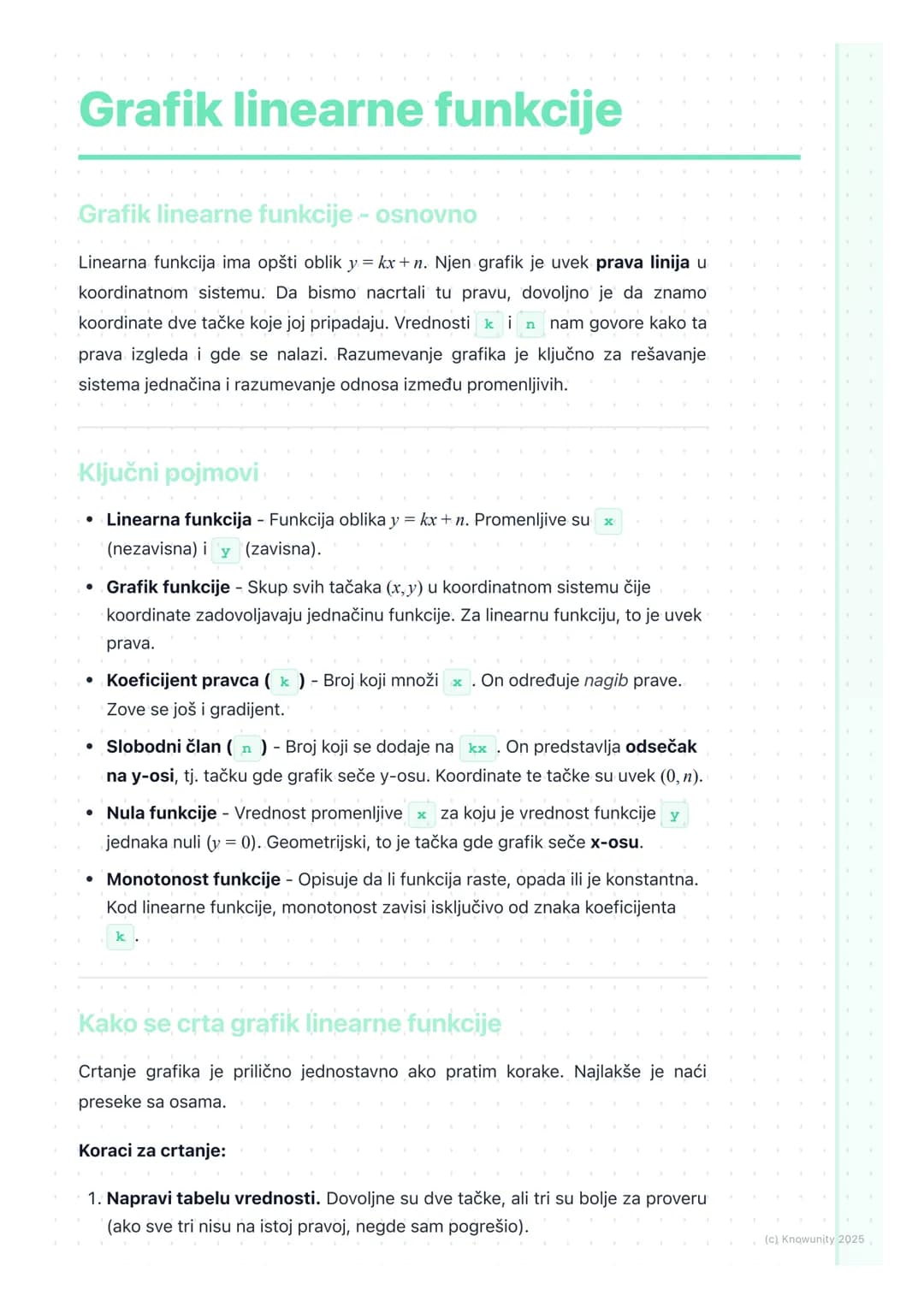 # Grafik linearne funkcije
Grafik linearne funkcije - osnovno
Linearna funkcija ima opšti oblik y = kx + n. Njen grafik je uvek prava lini