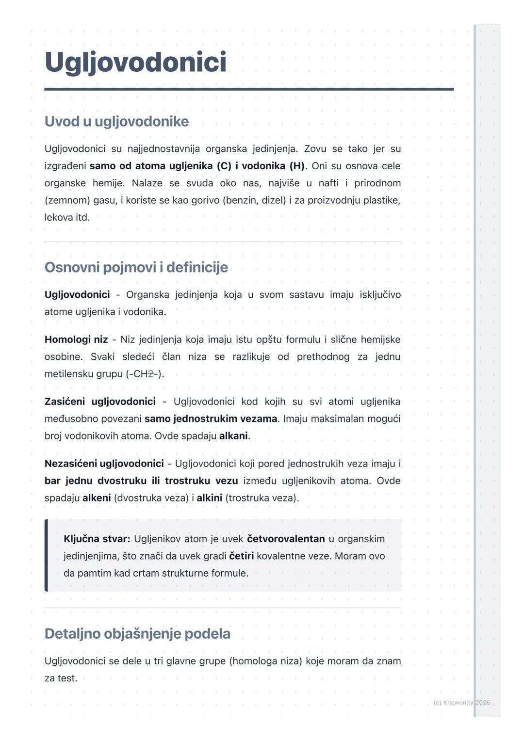 # Ugljovodonici
## Uvod u ugljovodonike
Ugljovodonici su najjednostavnija organska jedinjenja. Zovu se tako jer su
izgrađeni samo od atoma