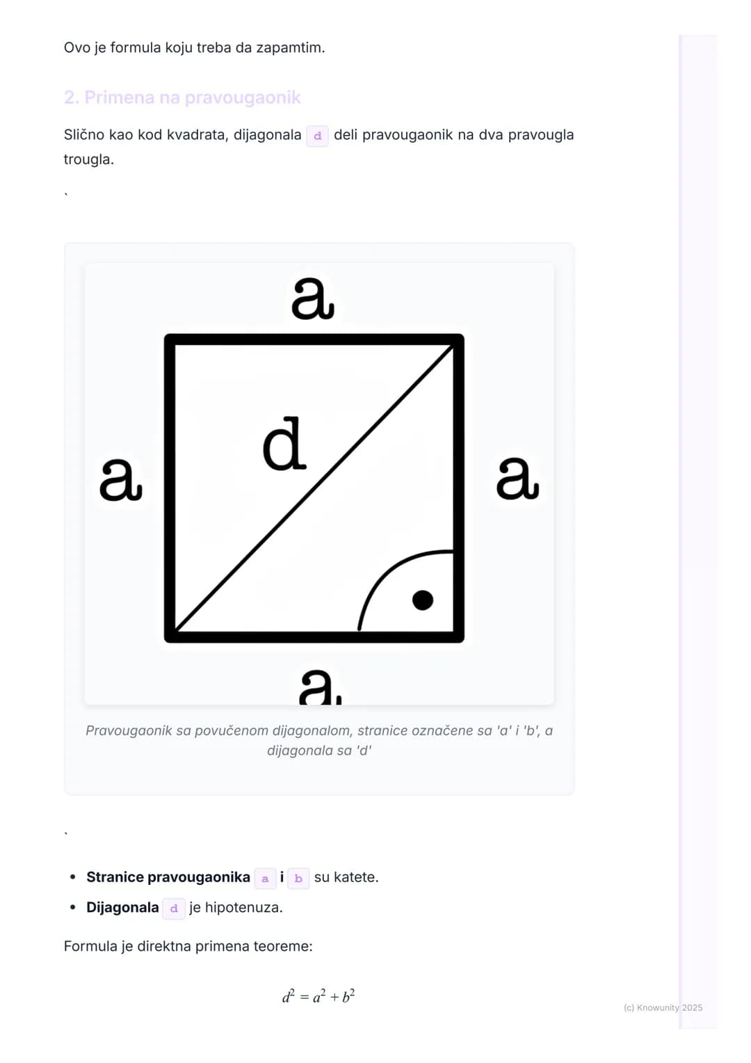 # Primena Pitagorine teoreme
Uvod u primenu Pitagorine teoreme
Pitagorina teorema ($a² + b² = c²$) ne važi samo za rešavanje zadataka sa
p