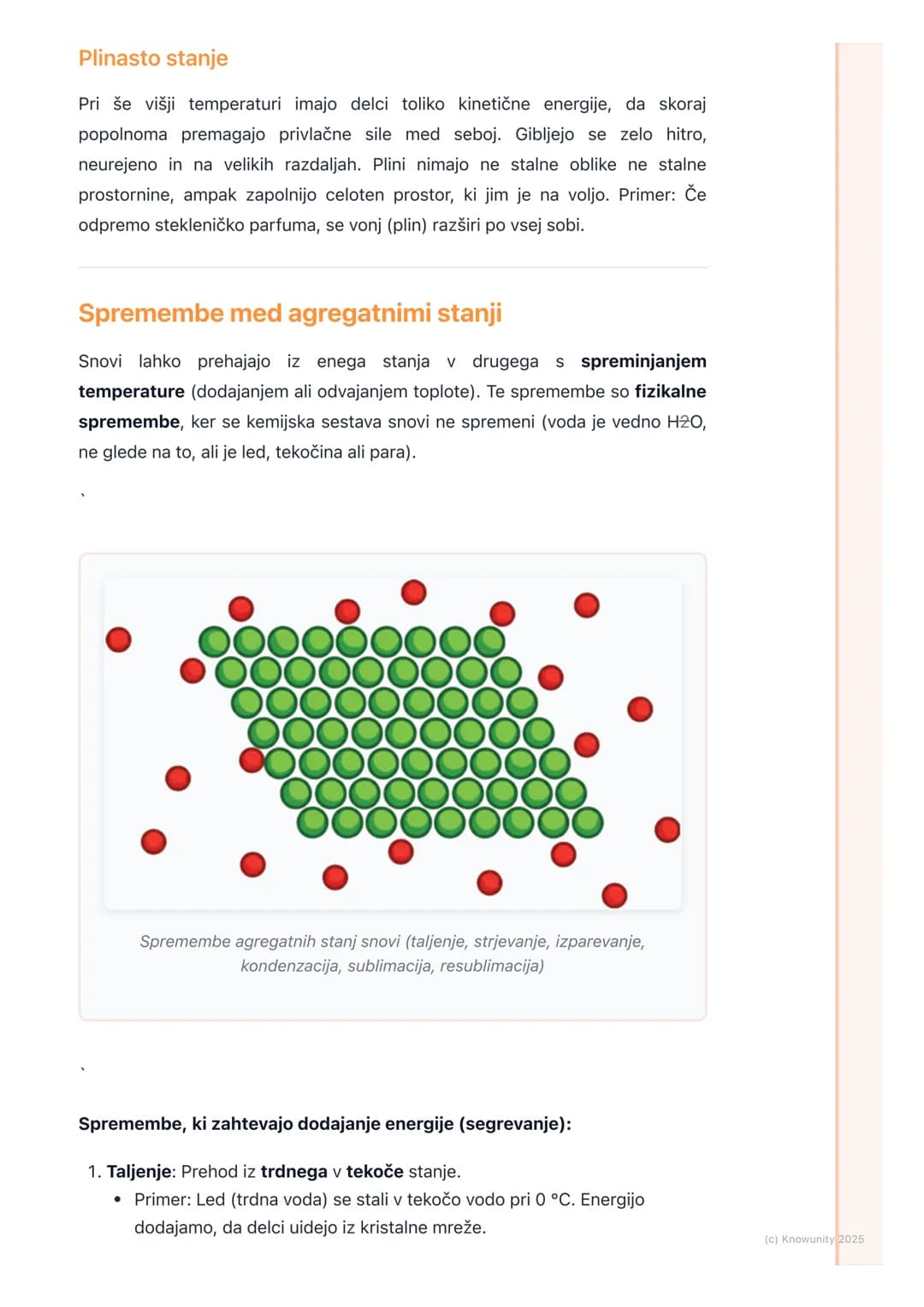 # Agregatna stanja snovi
Osnovno o agregatnih stanjih
Vse snovi okoli nas so sestavljene iz majhnih delcev (atomov, molekul ali
ionov). Gl