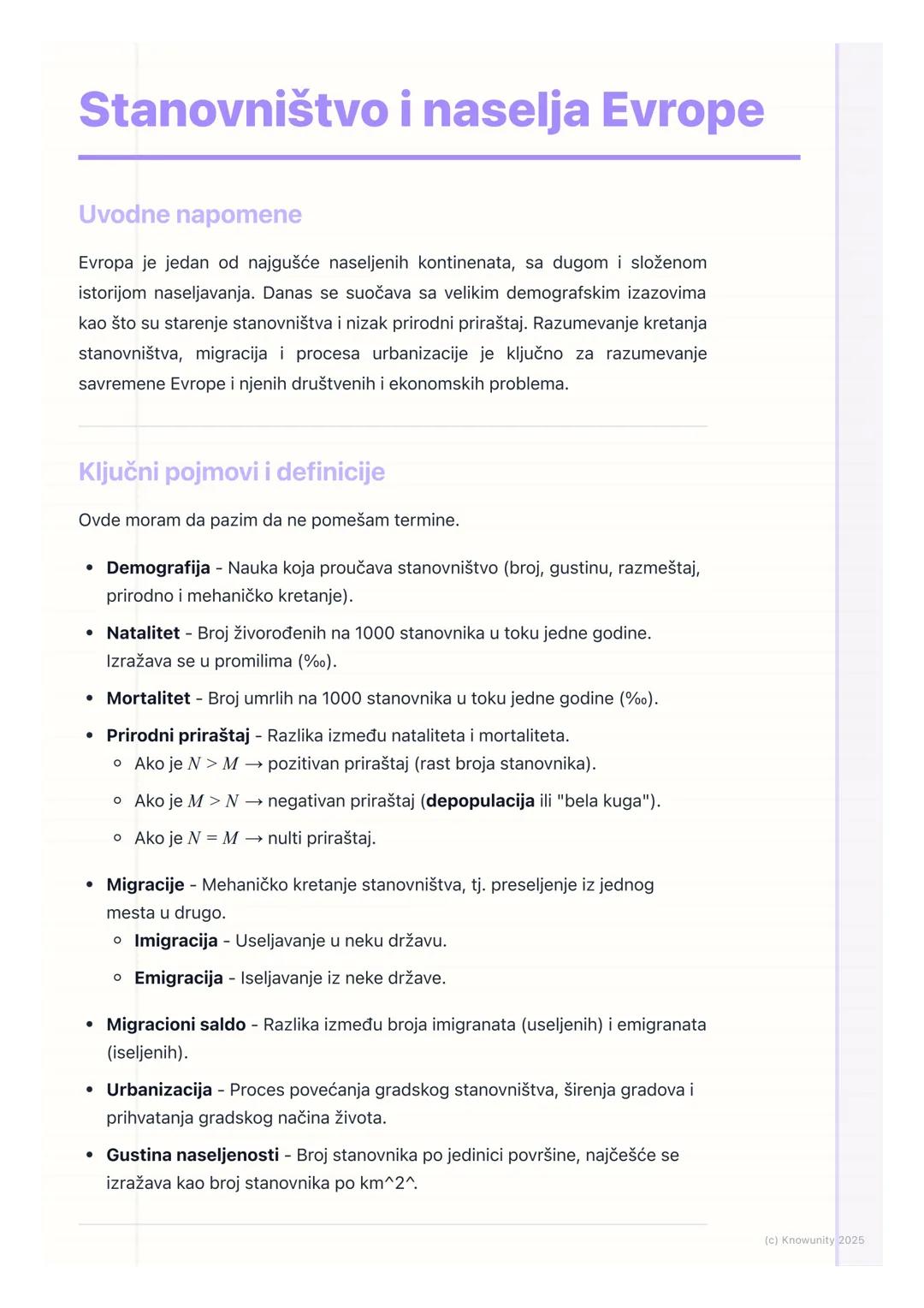 # Stanovništvo i naselja Evrope
Uvodne napomene
Evropa je jedan od najgušće naseljenih kontinenata, sa dugom i složenom
istorijom naseljav