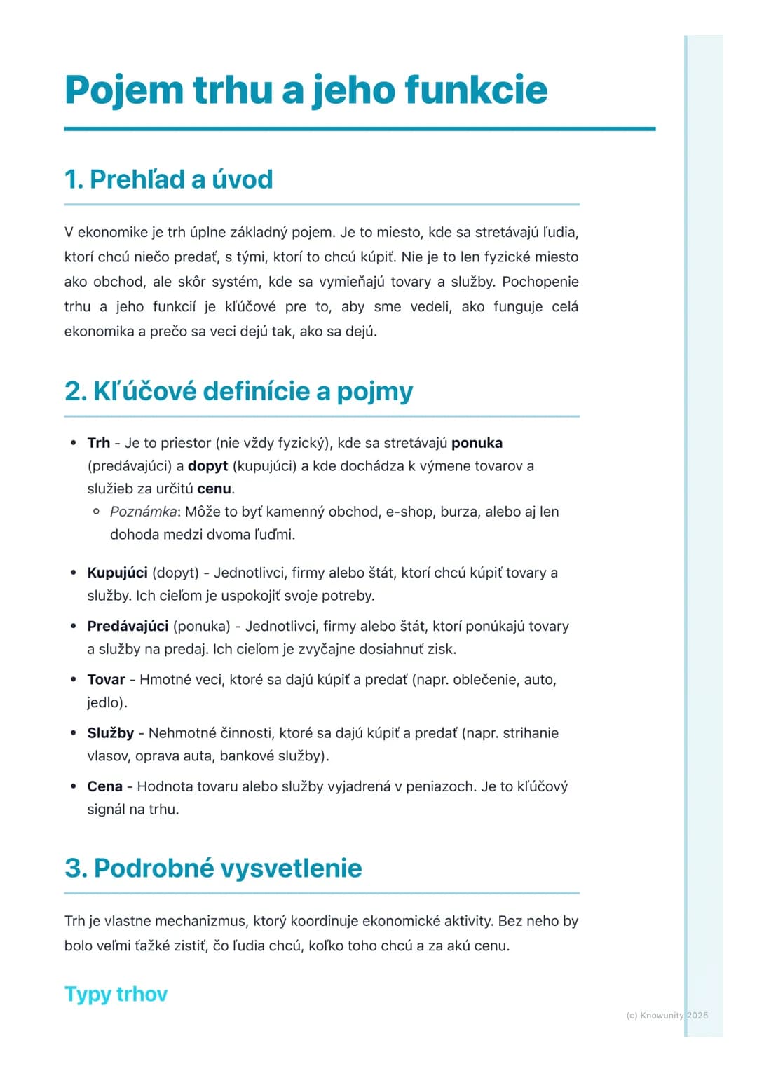 # Pojem trhu a jeho funkcie
1. Prehľad a úvod
V ekonomike je trh úplne základný pojem. Je to miesto, kde sa stretávajú ľudia,
ktorí chcú n