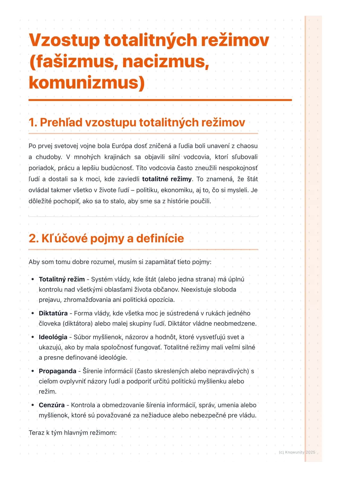 # Vzostup totalitných režimov
(fašizmus, nacizmus,
komunizmus)
1. Prehľad vzostupu totalitných režimov
Po prvej svetovej vojne bola Európa