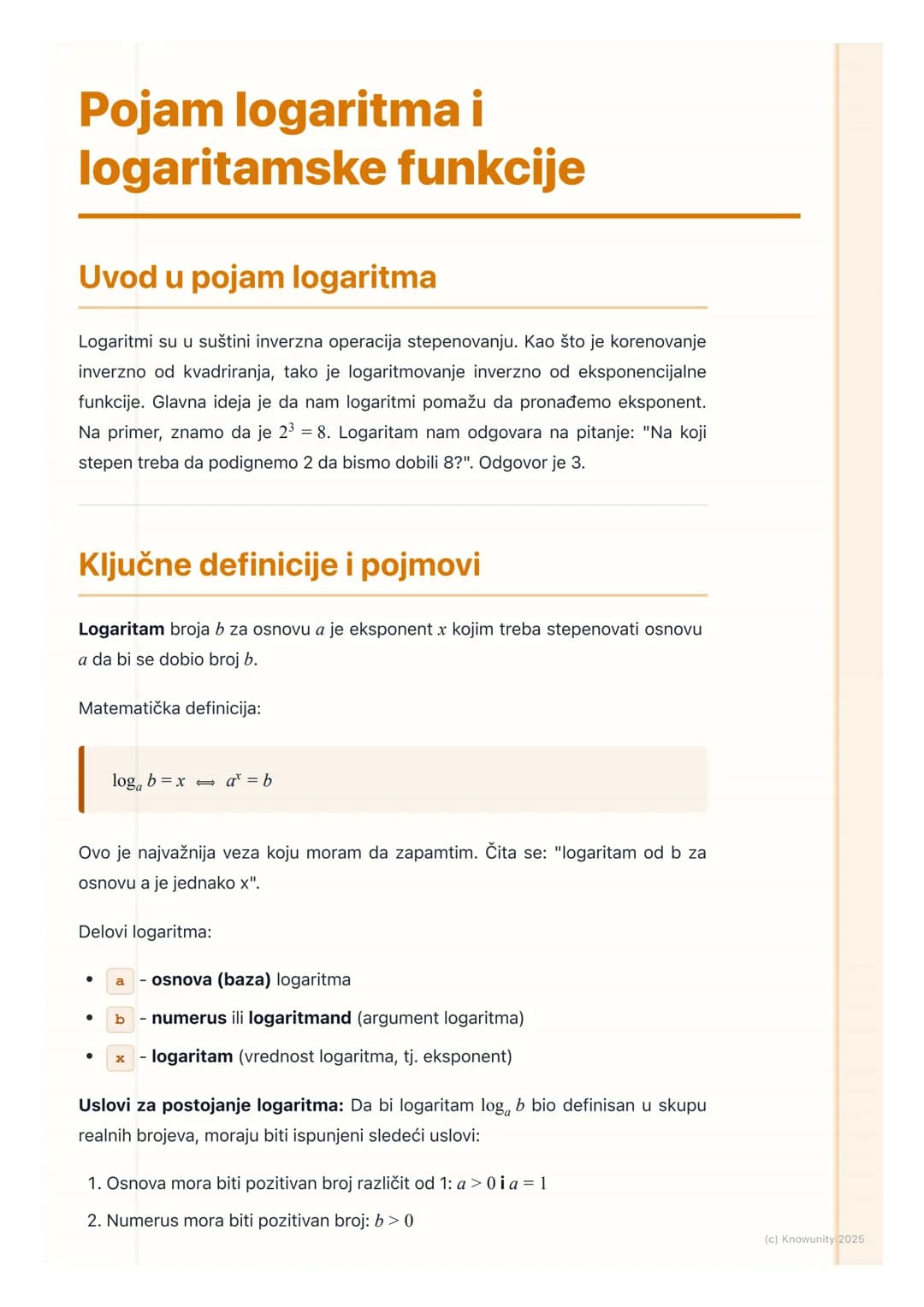 # Pojam logaritma i
logaritamske funkcije
Uvod u pojam logaritma
Logaritmi su u suštini inverzna operacija stepenovanju. Kao što je koreno