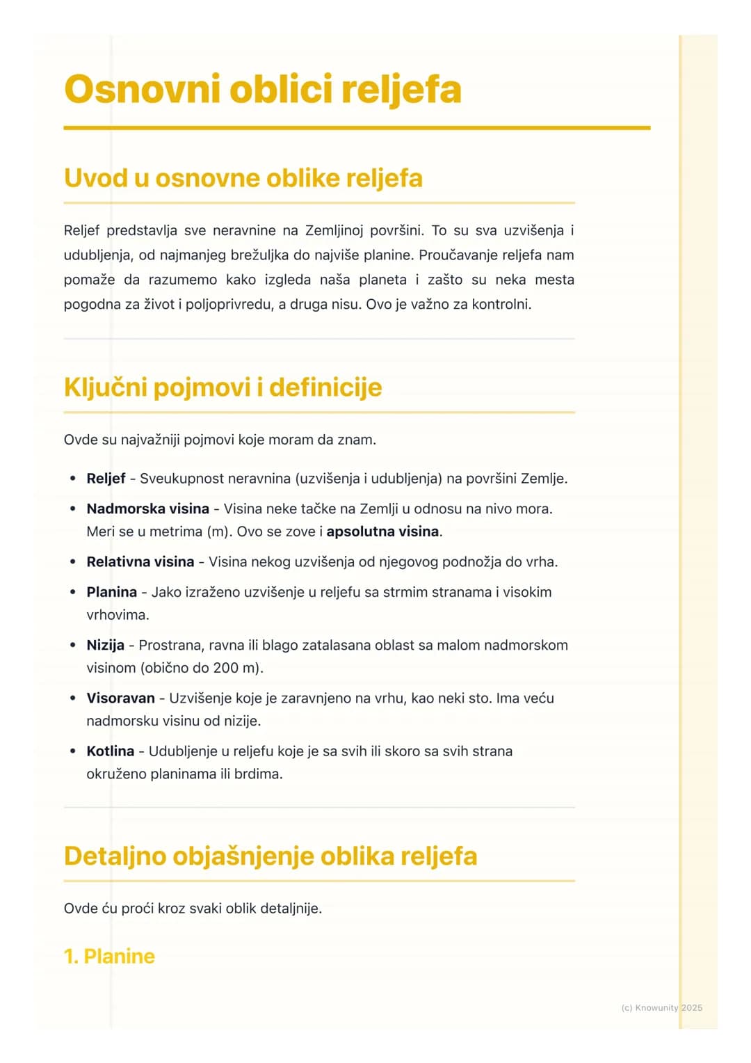 # Osnovni oblici reljefa
Uvod u osnovne oblike reljefa
Reljef predstavlja sve neravnine na Zemljinoj površini. To su sva uzvišenja i
udubl