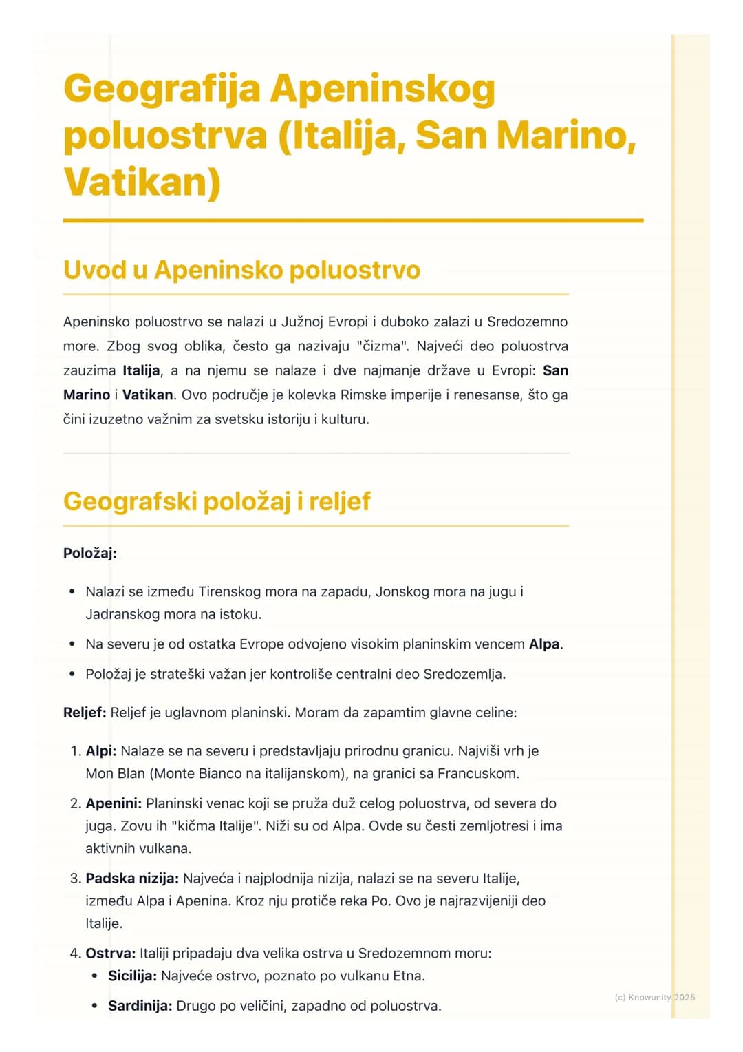 # Geografija Apeninskog
# poluostrva (Italija, San Marino,
# Vatikan)
## Uvod u Apeninsko poluostrvo
Apeninsko poluostrvo se nalazi u Južn