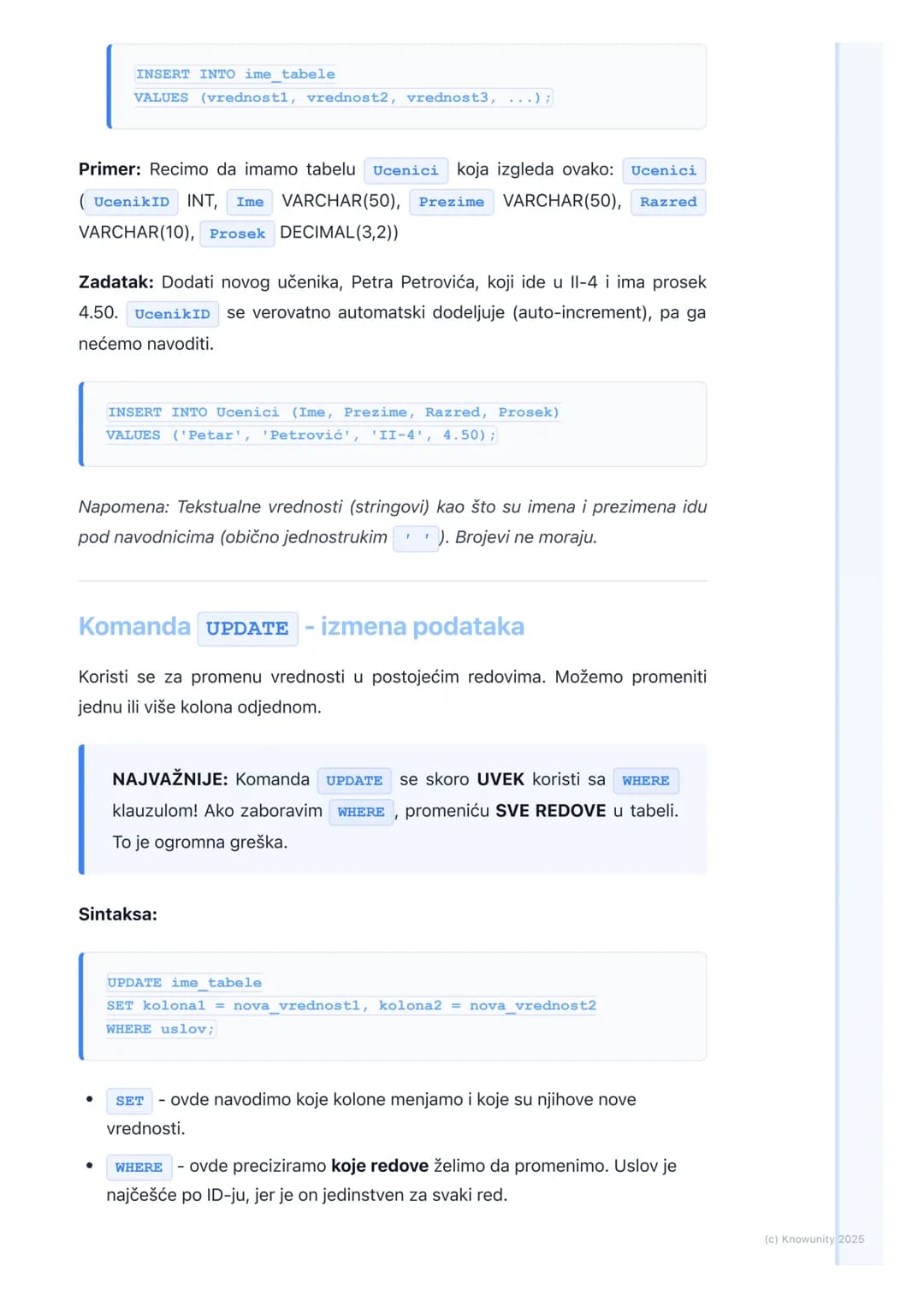 # SQL - upiti za manipulaciju
podacima (INSERT, UPDATE,
DELETE)
Uvod u manipulaciju podacima
Ovo su komande kojima menjamo podatke unutar