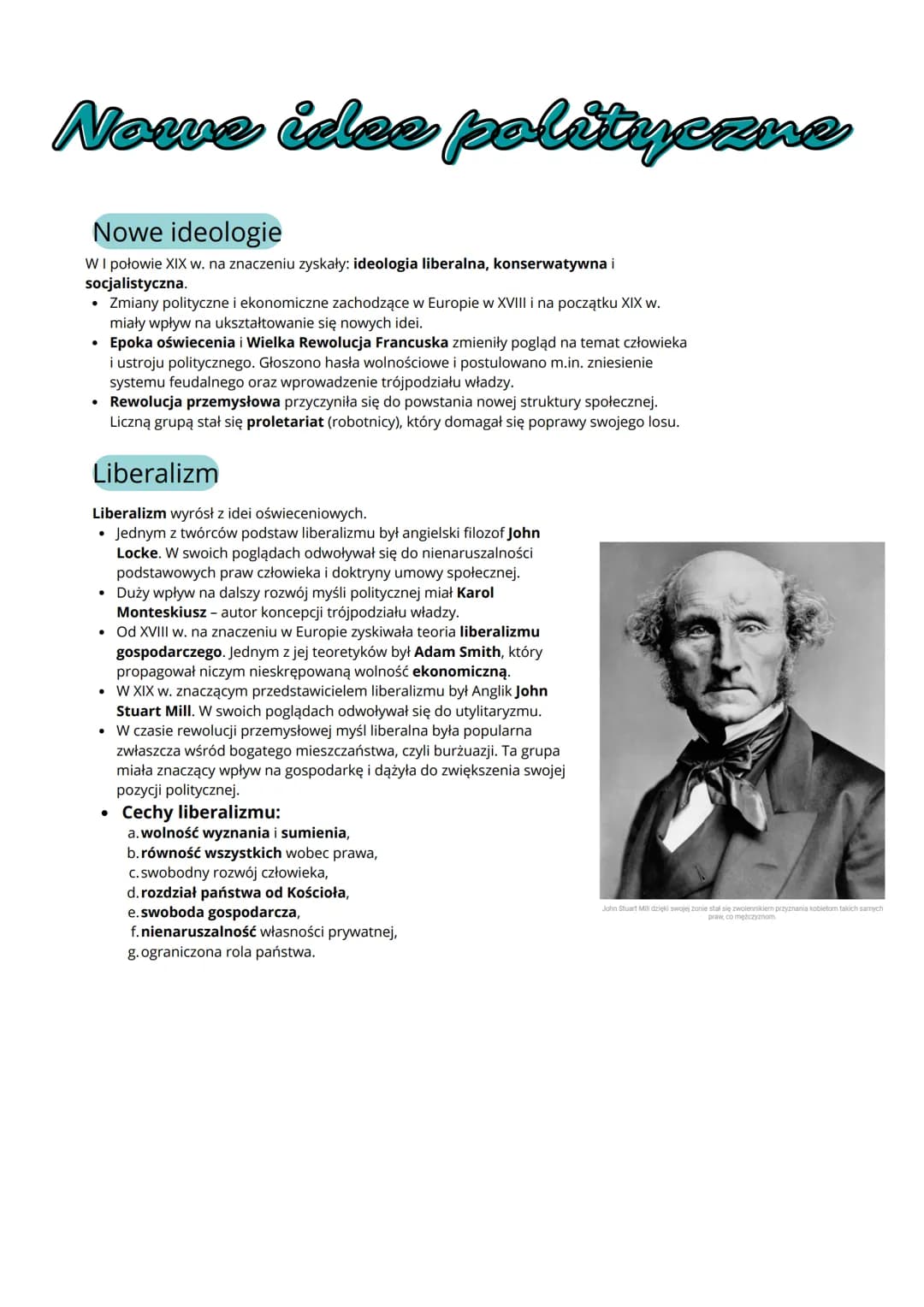 <h2>Nowe ideologie</h2>
<p>W I połowie XIX wieku zyskały na znaczeniu: ideologia liberalna, konserwatywna i socjalistyczna. Zmiany politycz