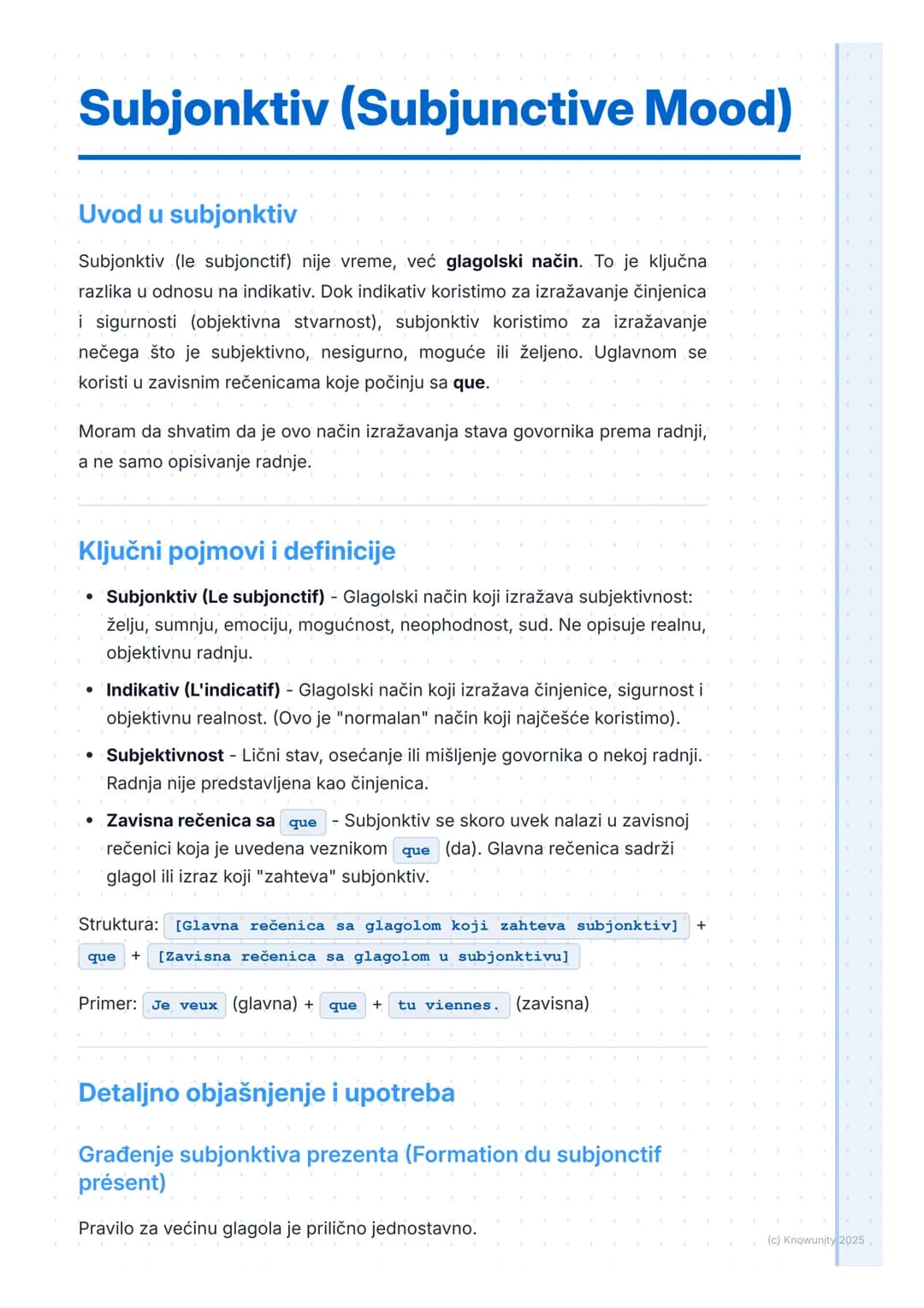 # Subjonktiv (Subjunctive Mood)
Uvod u subjonktiv
Subjonktiv (le subjonctif) nije vreme, već glagolski način. To je ključna
razlika u odno
