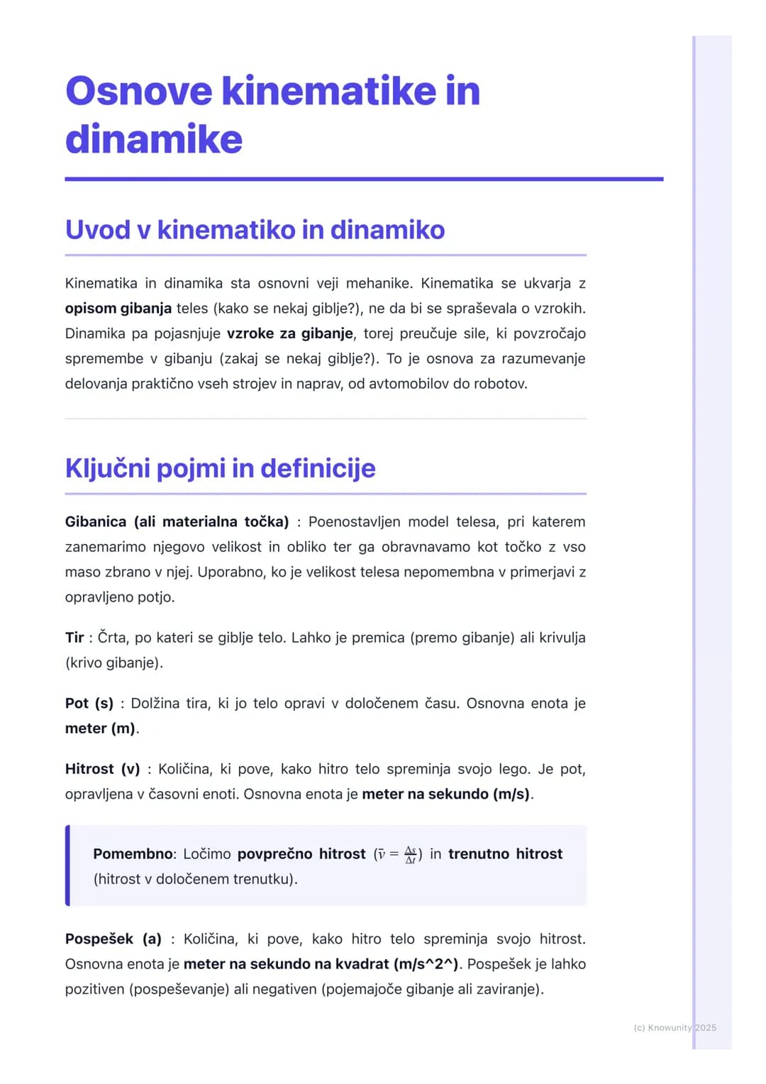 # Osnove kinematike in
dinamike
Uvod v kinematiko in dinamiko
Kinematika in dinamika sta osnovni veji mehanike. Kinematika se ukvarja z
op