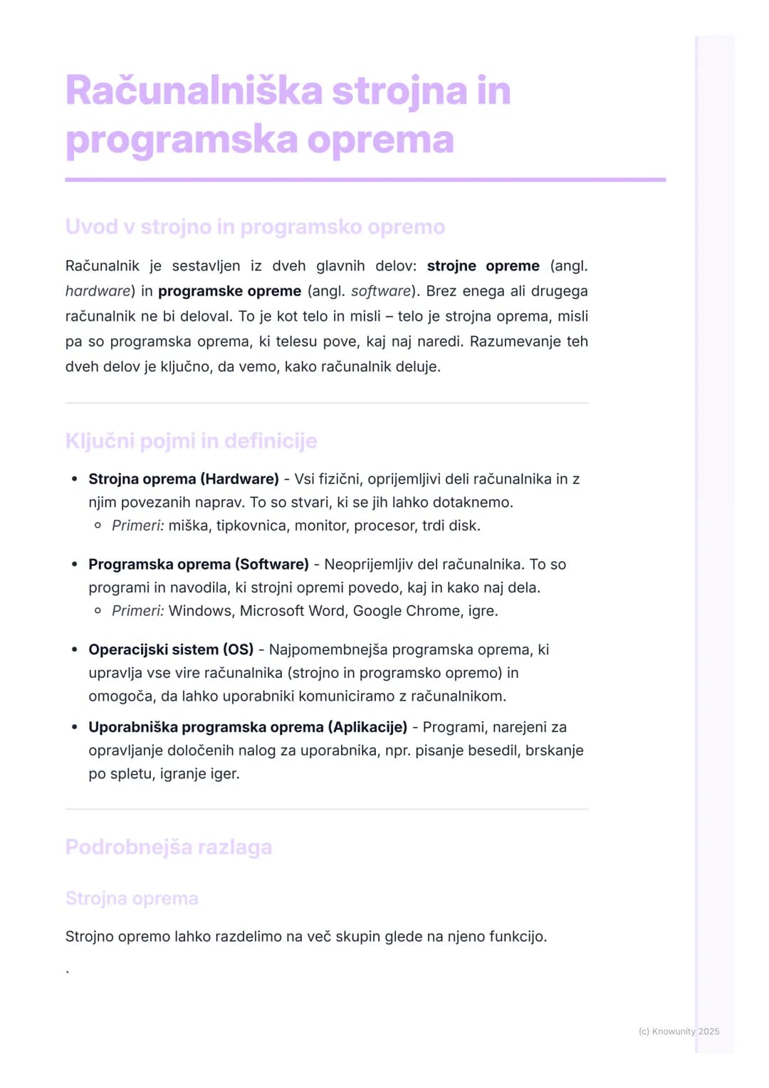 # Računalniška strojna in
programska oprema
Uvod v strojno in programsko opremo
Računalnik je sestavljen iz dveh glavnih delov: strojne op