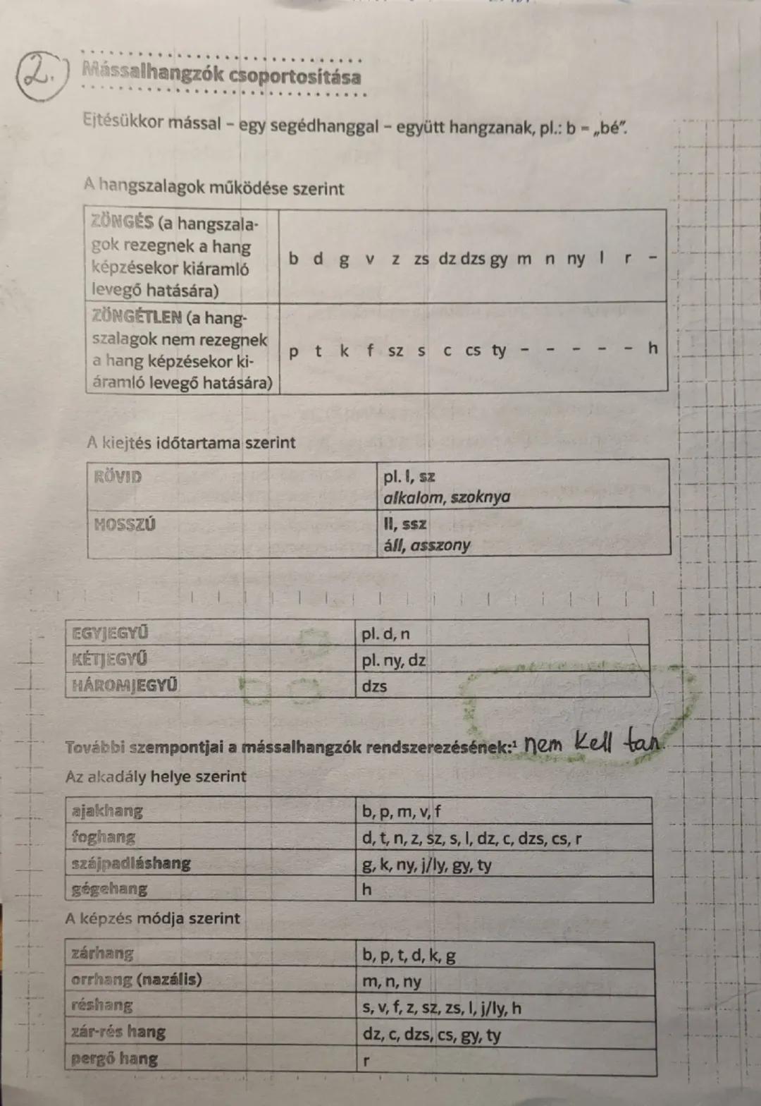 (2.) Mássalhangzók csoportosítása
Ejtésükkor mással - egy segédhanggal - együtt hangzanak, pl.: b = „bé".
A hangszalagok működése szerint
