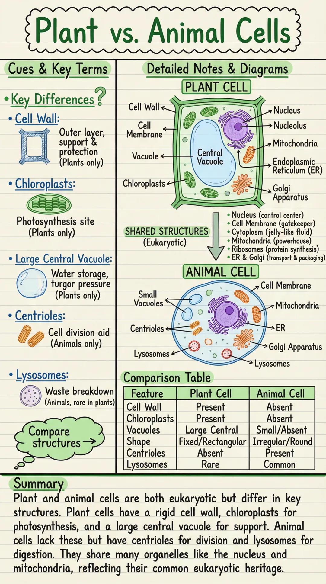 # Plant vs. Animal Cells
## Cues & Key Terms
- Key Differences?
- Cell Wall:
Outer layer,
support &
protection
(Plants only)
- C