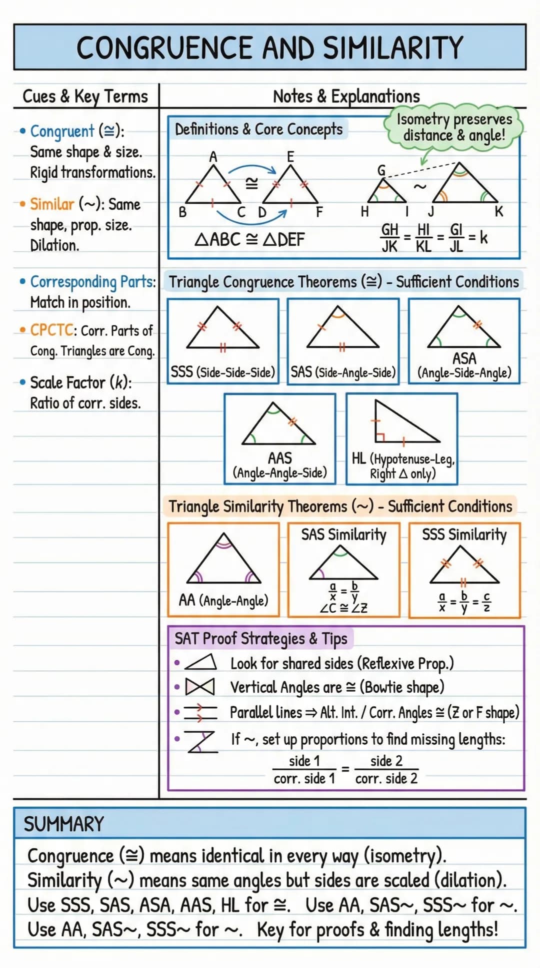 # CONGRUENCE AND SIMILARITY
| Cues & Key Terms | Notes & Explanations |
| ----------- | ----------- |
| - Congruent ($\cong$):
Same shape &