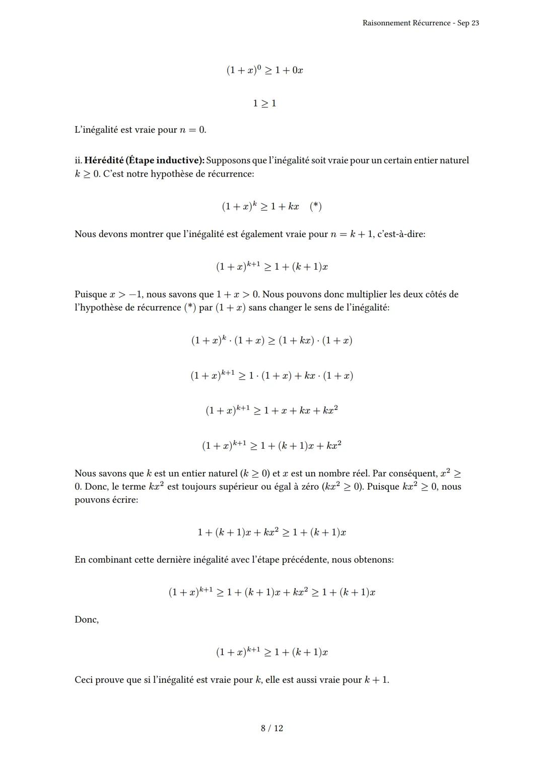 # Raisonnement Récurrence
Généré par Knowunity.fr - Sep 23
Description: Cet examen couvre le principe de récurrence, l'initialisation et l